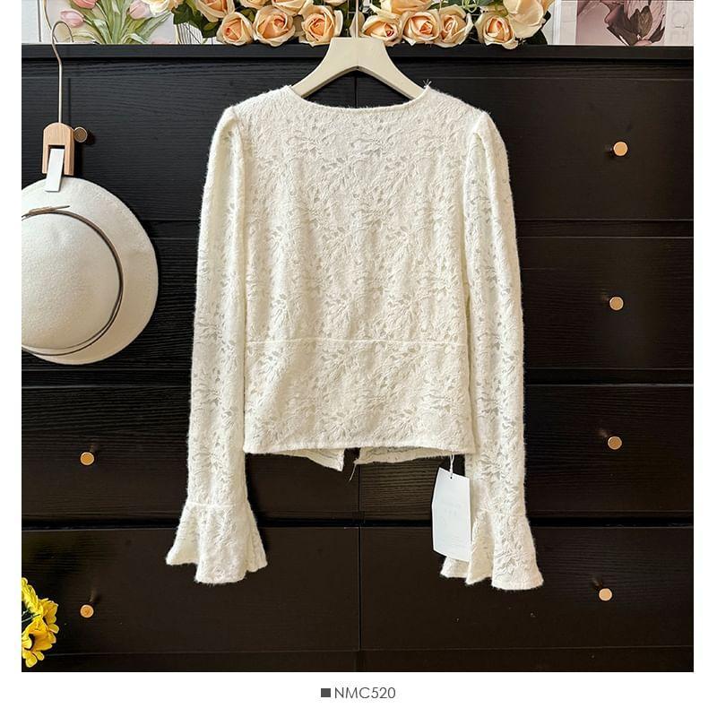 Bell-Sleeve V-Neck Lace Blouse Product Image