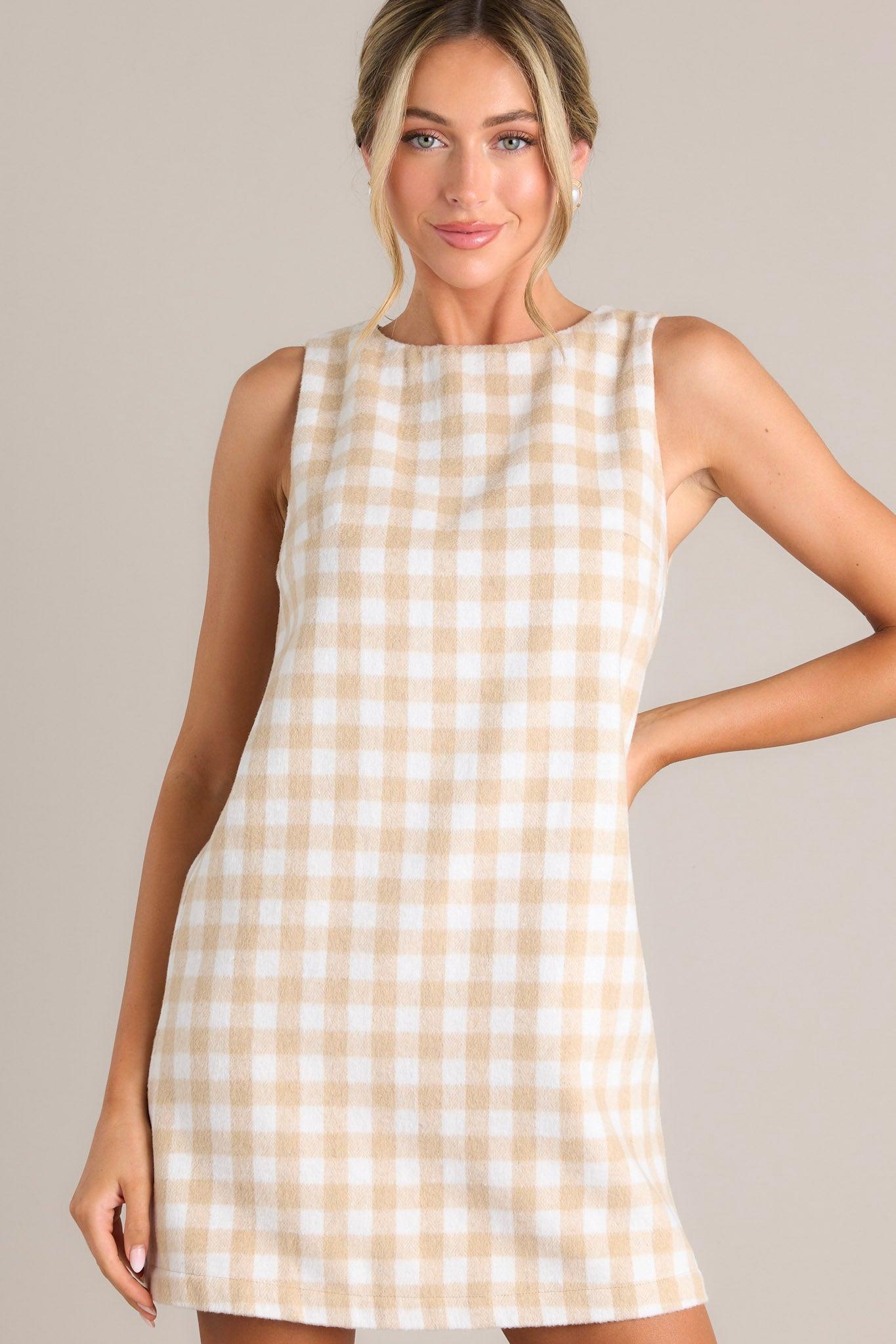 Choosing Joy Beige Plaid Dress Product Image