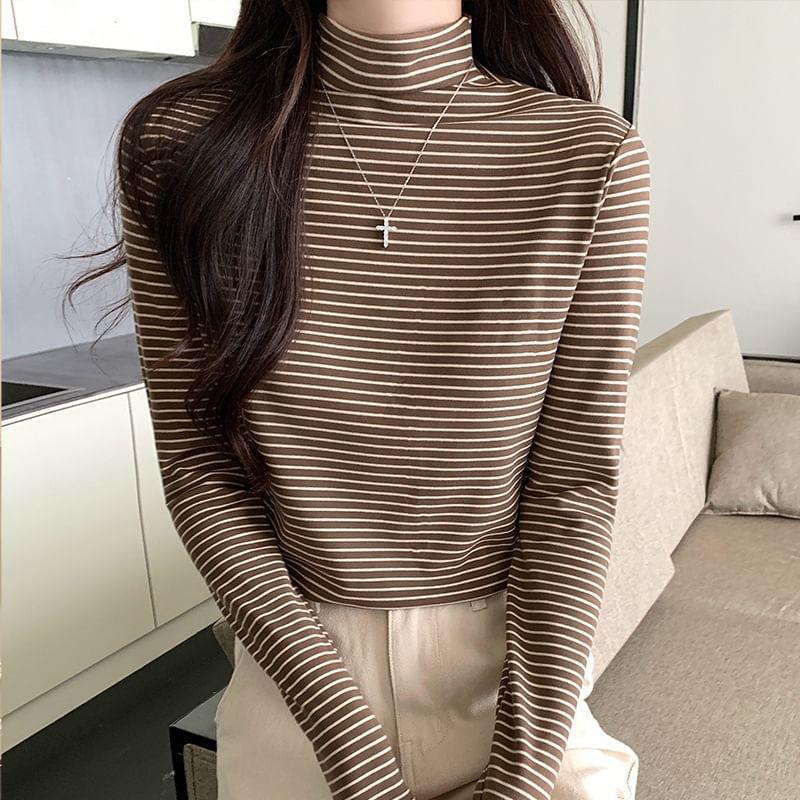 Long-Sleeve Mock Neck Striped Tee Product Image