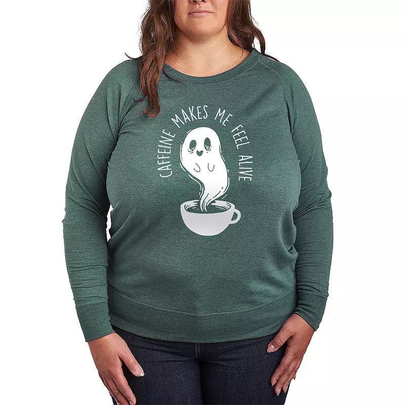 Plus Size Caffeine Makes Me Feel Alive Ghost Lightweight French Terry Sweatshirt, Womens Grey Blue Product Image