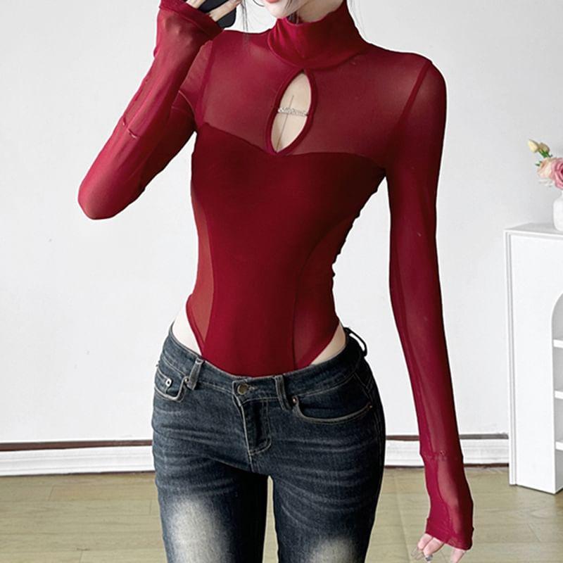 Long-Sleeve Mock Neck Cutout Mesh Bodysuit Top Product Image