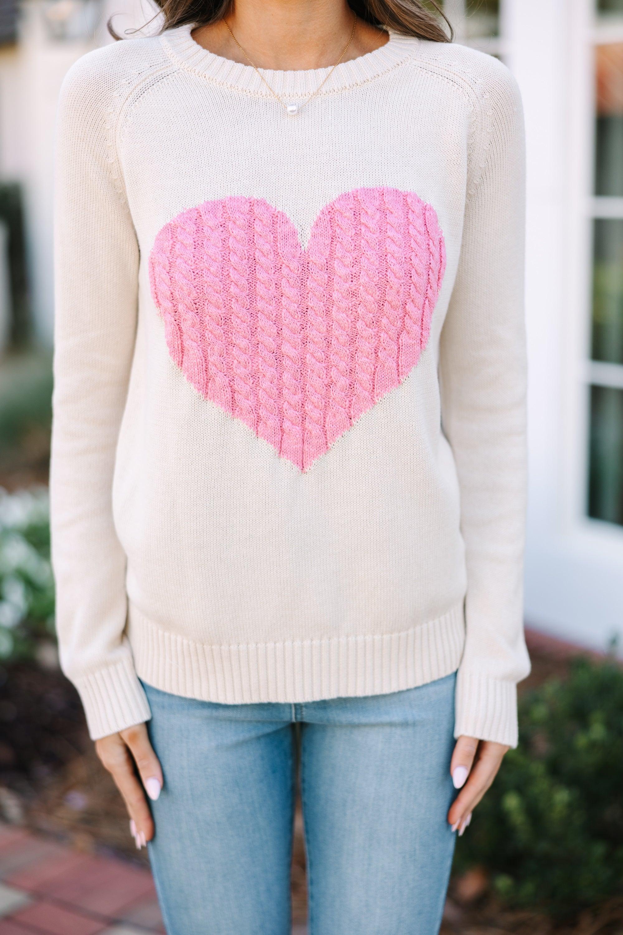 All For Love Oatmeal and Pink Heart Sweater Female Product Image