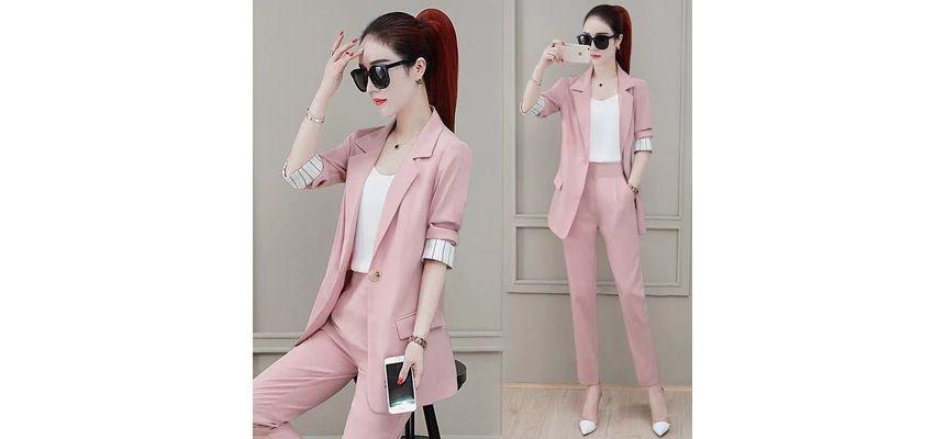 Set Of 3: Plain Single-Button Blazer + Mid Waist Straight Leg Dress Pants + Camisole Top Product Image