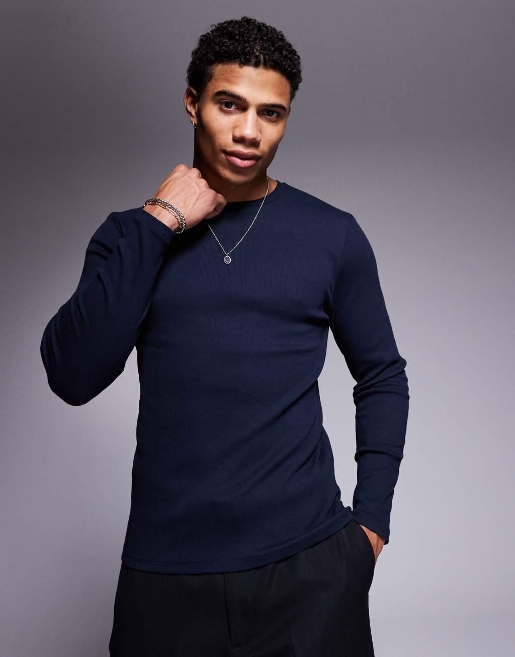 ASOS DESIGN heavyweight muscle fit long sleeve rib t-shirt in navy Product Image