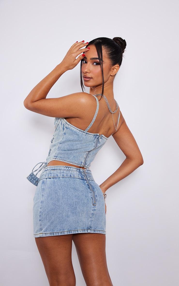 Petite Light Blue Wash Denim Lace Up Corset Product Image