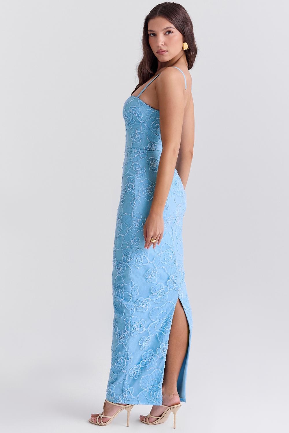 Eva Tuscan Blue Embroidered Floral Maxi Dress Product Image