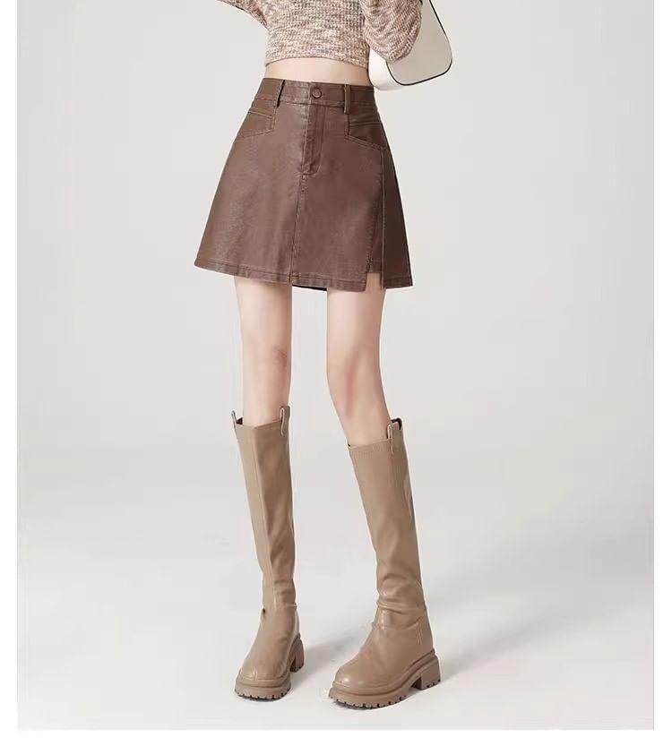 High Waist Plain Asymmetrical Faux Leather Mini A-Line Skirt Product Image