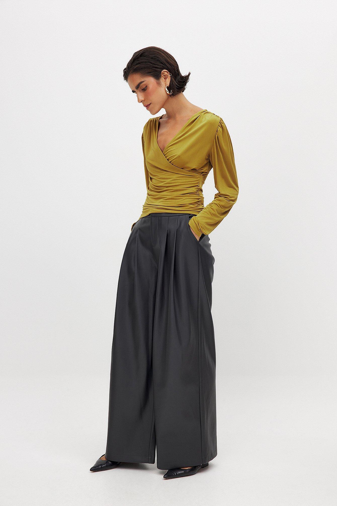 Mid Waist Wide Leg Pleated PU Trousers Product Image