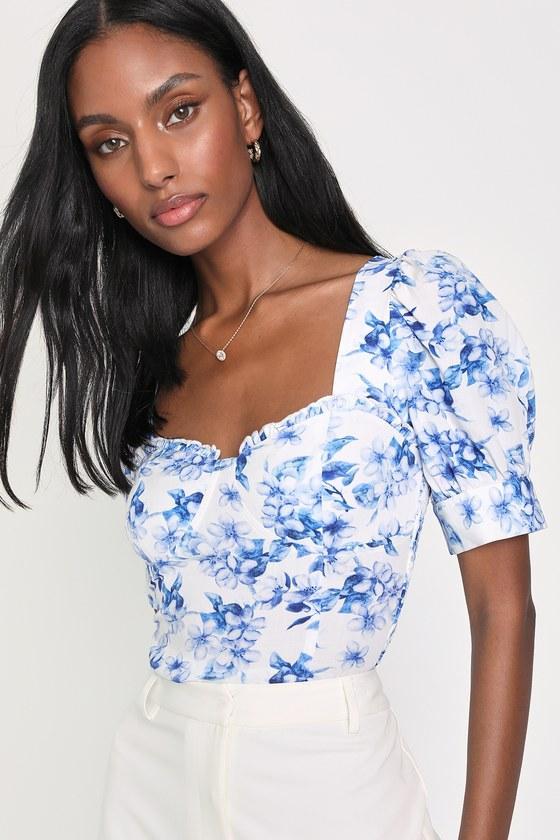 Always Amorous White Floral Print Bustier Puff Sleeve Crop Top Product Image