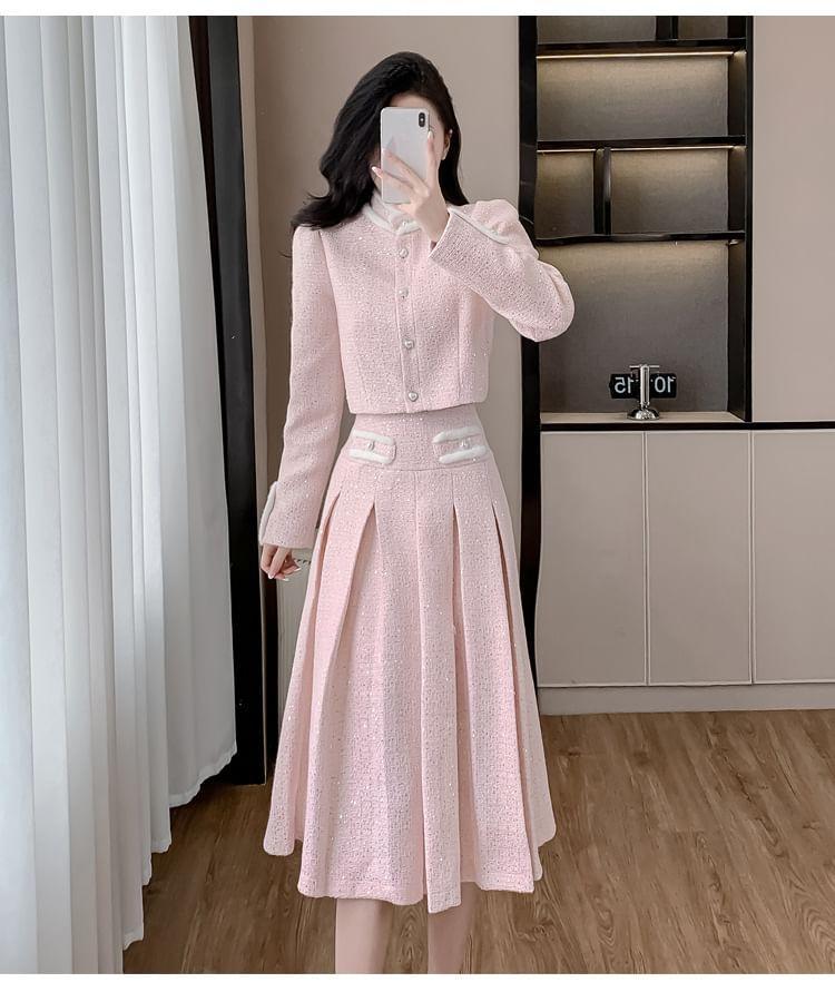 Set: Puff-Sleeve Tweed Sequined Button-Up Jacket + High Rise Pleated Midi A-Line Skirt Product Image