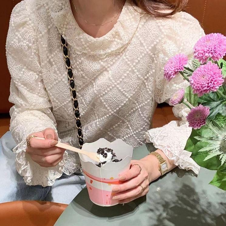 Puff-Sleeve Ruffle Trim Lace Blouse Product Image