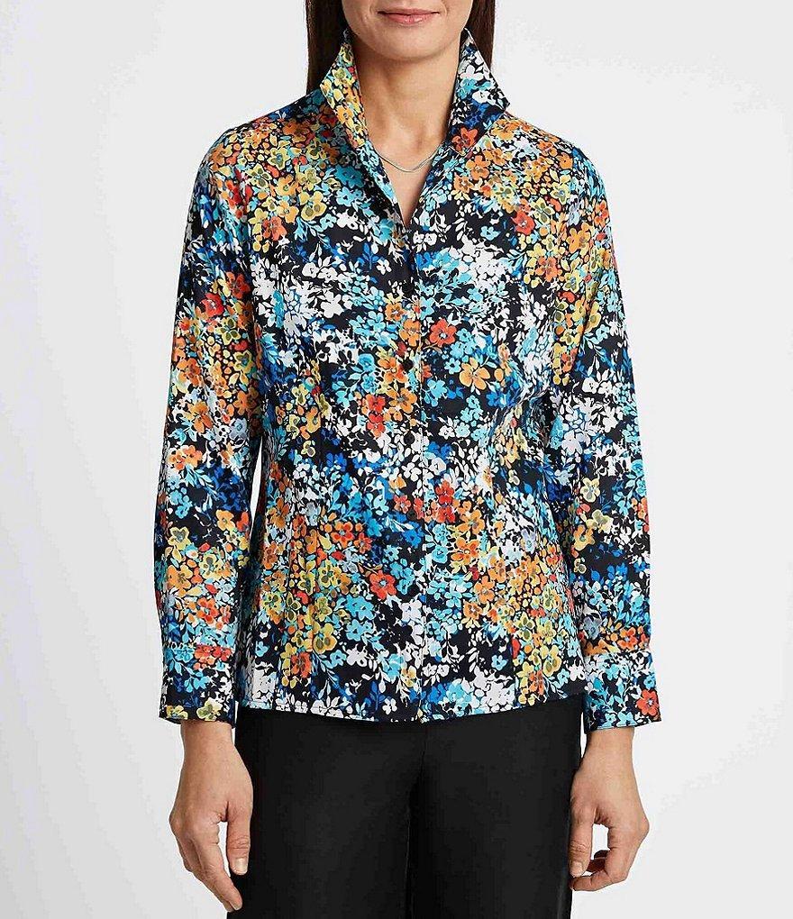 Foxcroft Katie Floral Print Wing Collar Long Sleeve Top Product Image