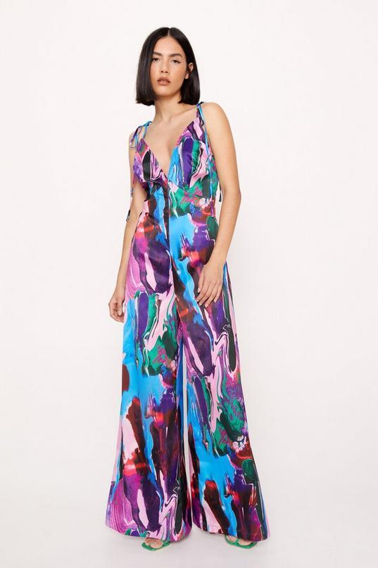 Tie Dye Satin Tie Shoulder Jumpsuit Product Image