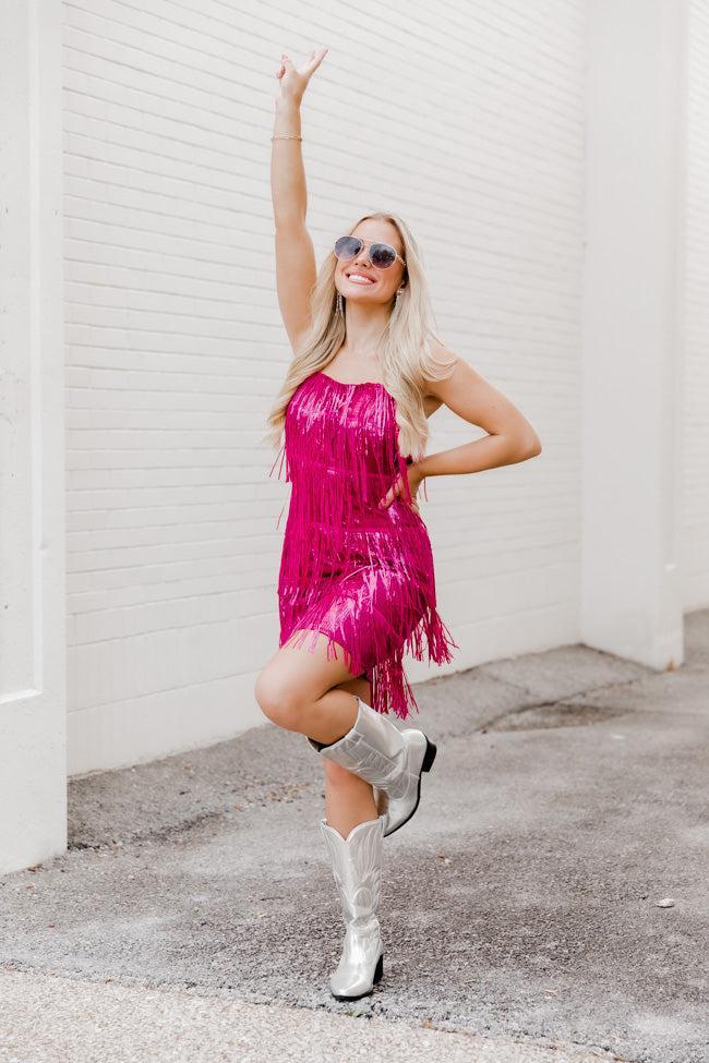 Just Ask Me Pink Sequin Fringe Tank Mini Dress FINAL SALE Product Image