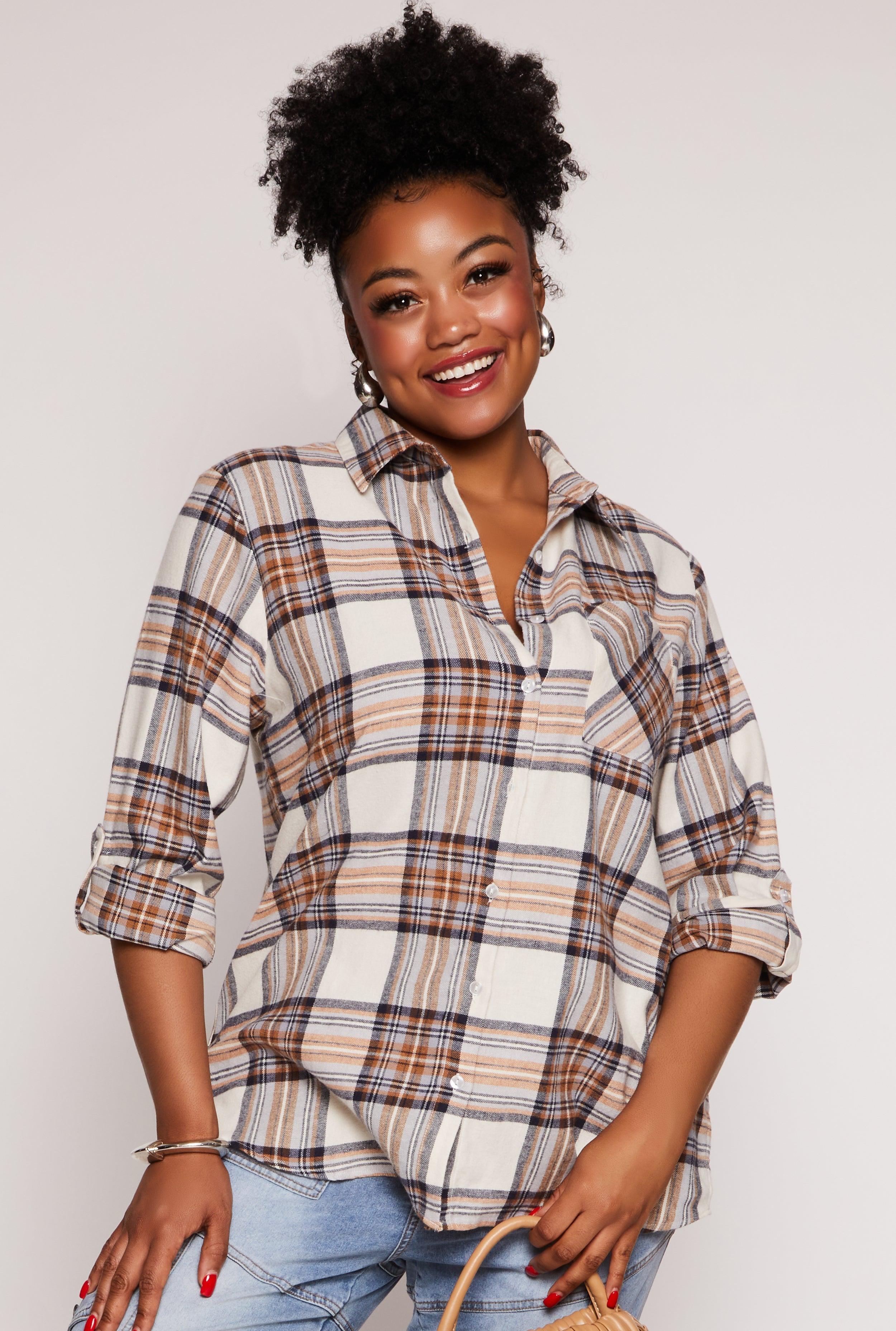 Womens Plus Size Lurex Plaid Tabbed Sleeve Shirt Product Image