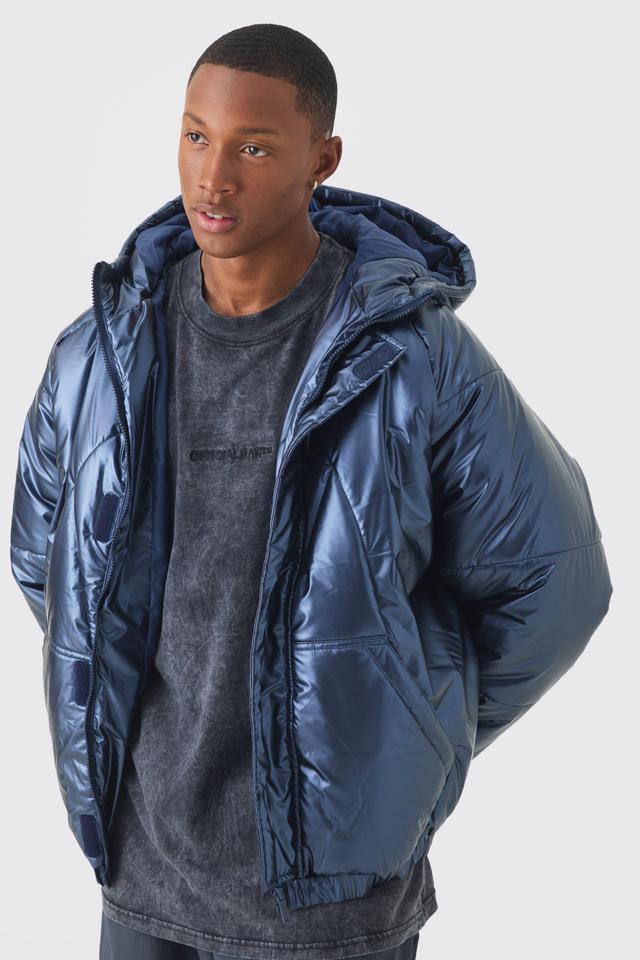 Oversized Metallic Hooded Puffer In Navy | boohooMAN USA Product Image