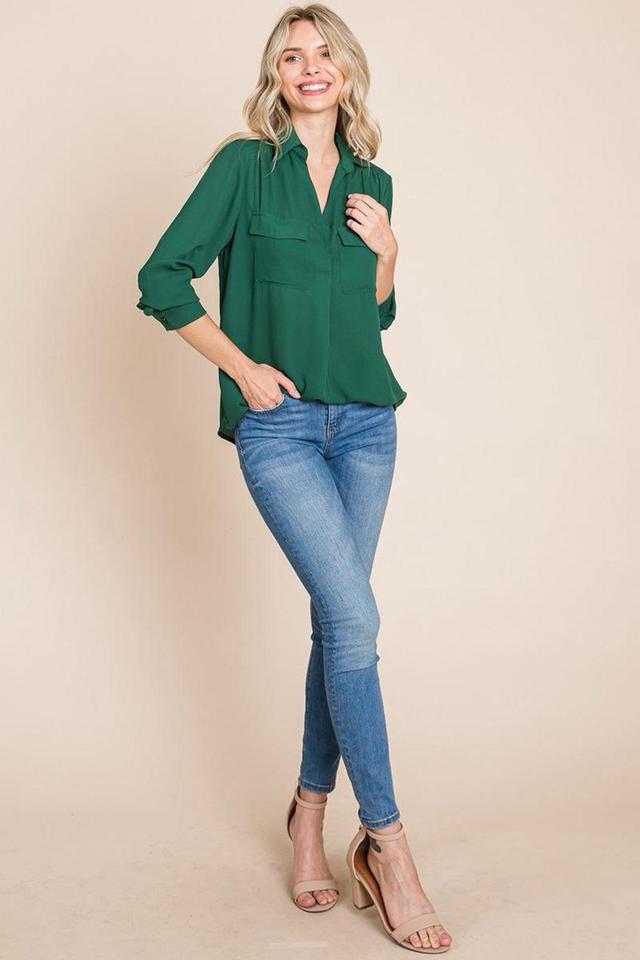 V Neck Collared Pocket Detail Blouse Shirts Female Product Image