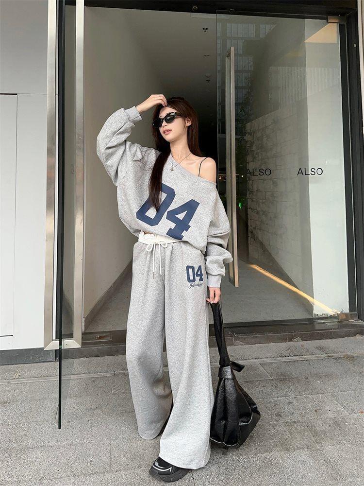 Off Shoulder Numbering Pullover / High Waist Wide Leg Sweatpants Product Image