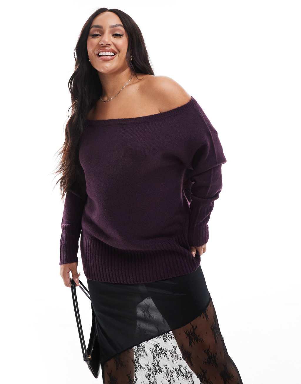 Yours off shoulder bardot sweater in burgundy Product Image