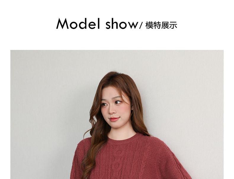 Round Neck Plain Cable Knit Sweater Product Image