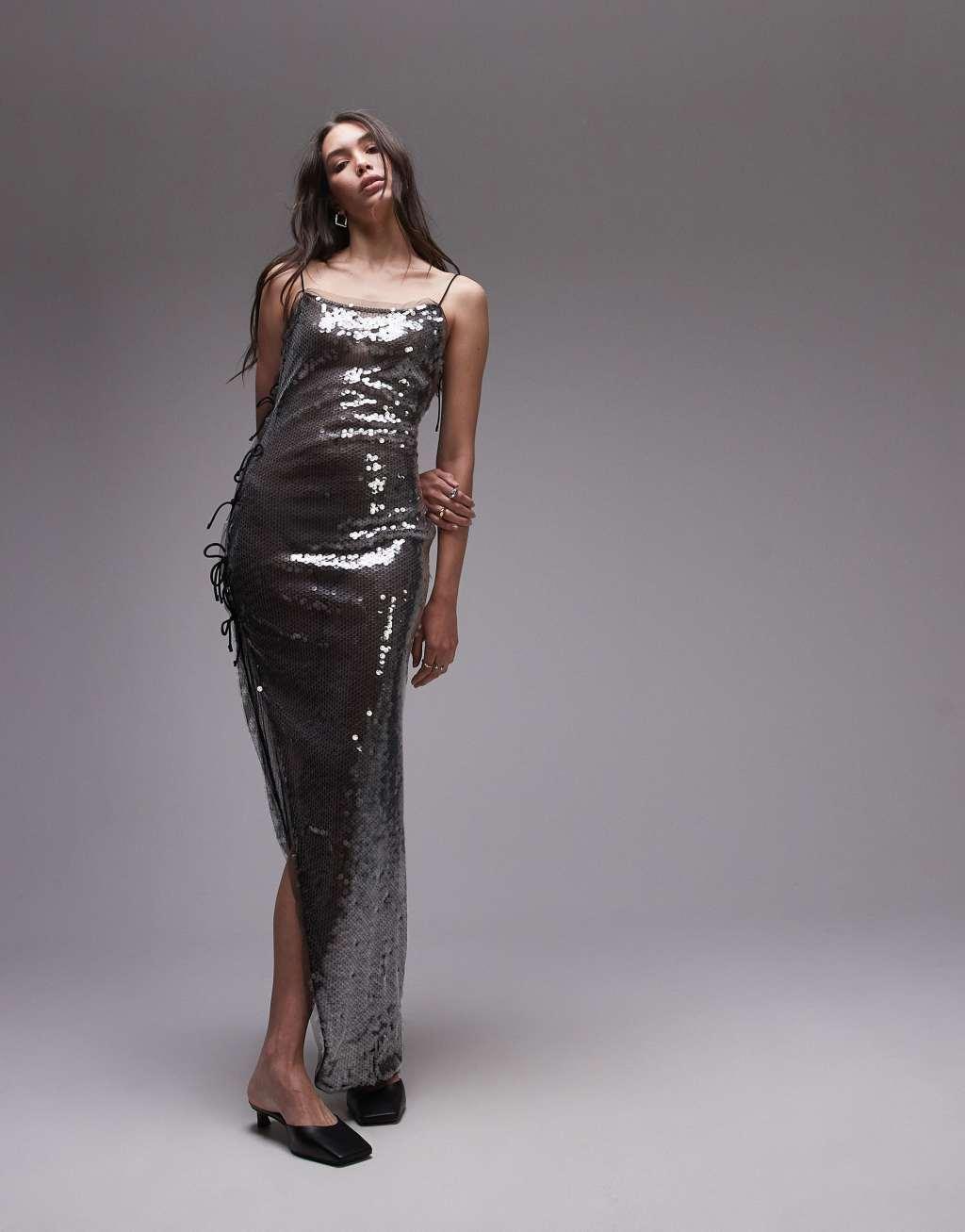 Topshop premium bow detail sequin midi dress in gray Product Image