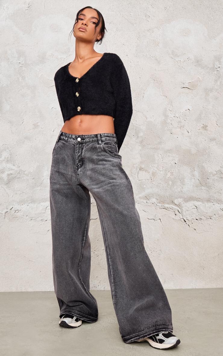 Charcoal Grey Acid Seam Detail Frayed Hem Wide Leg Jeans product image