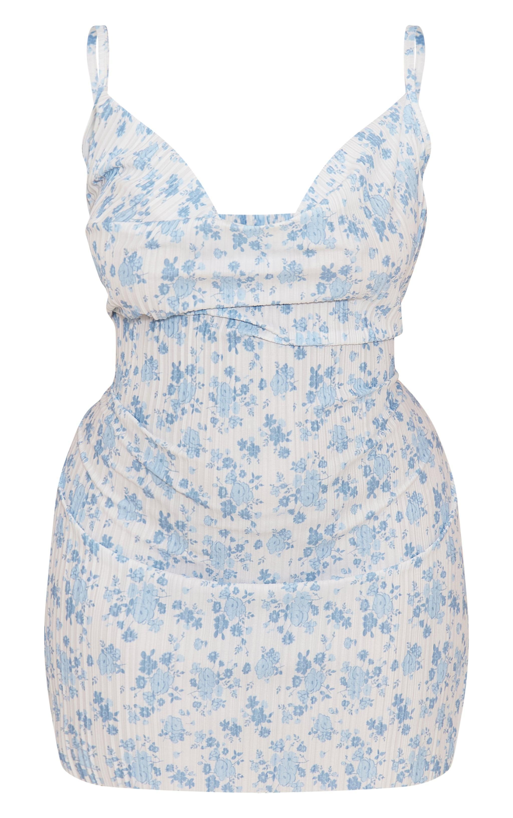 Plus Blue Floral Printed Plisse Cowl Neck Bodycon Dress Product Image