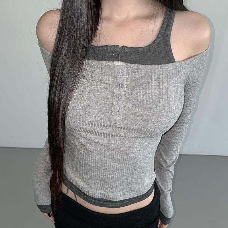 Long Sleeve Mock Two Piece Cold-Shoulder Color-Block Slim-Fit Knit Top Product Image