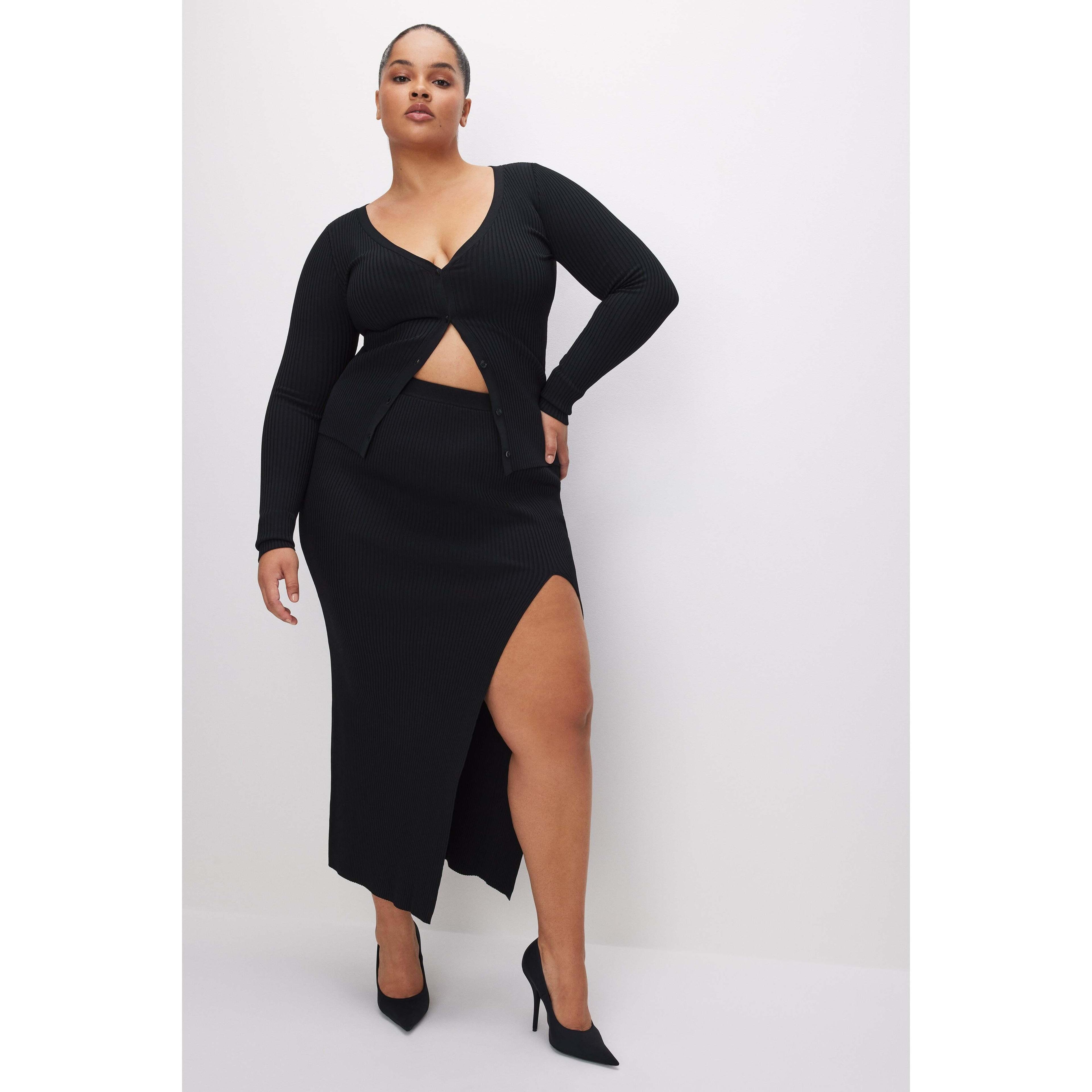 Womens Stretch Rib Midi Skirt | Black, Size XL | Good American by Khlo Kardashian Product Image