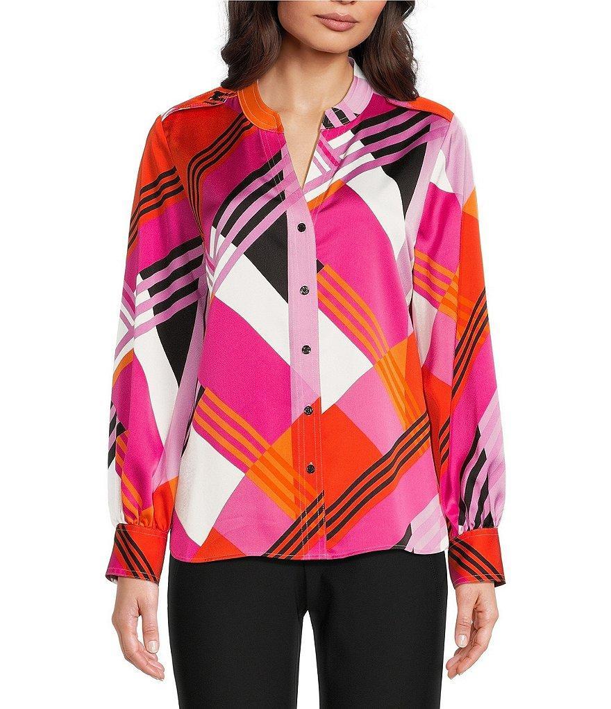 KARL LAGERFELD PARIS Geometric Printed Split V-Neck Long Sleeve Button Front Blouse Product Image