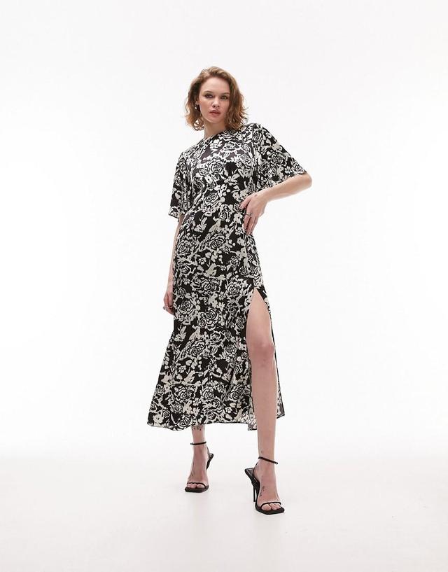 Topshop Austin mono print angel sleeve occasion midi dress in multi Product Image