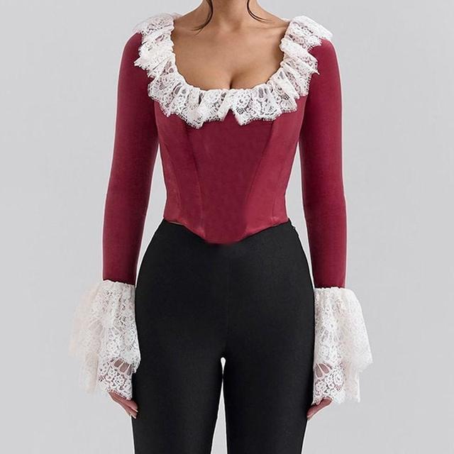 Long-Sleeve Scoop Neck Lace Panel Top Product Image