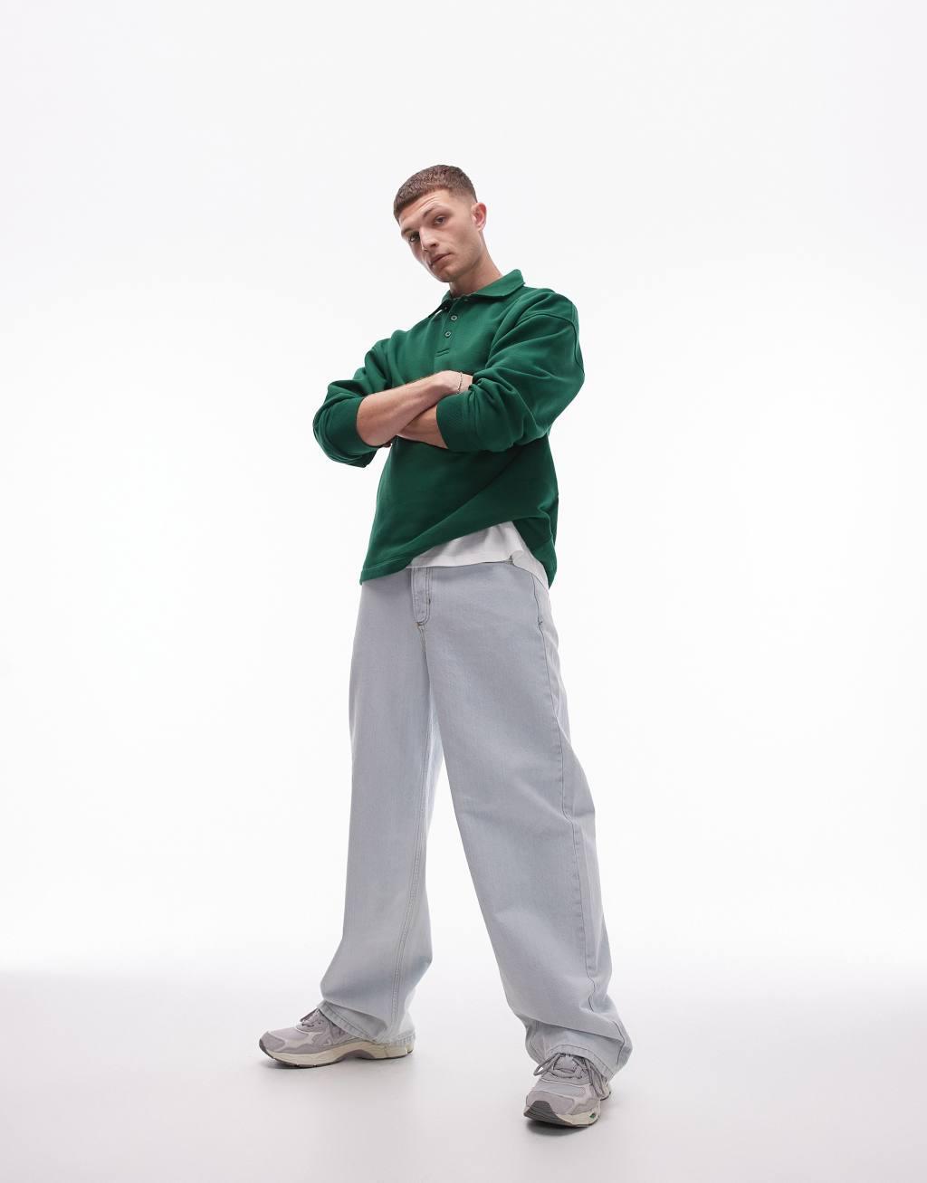 Topman oversized long sleeve sweats polo in green Product Image