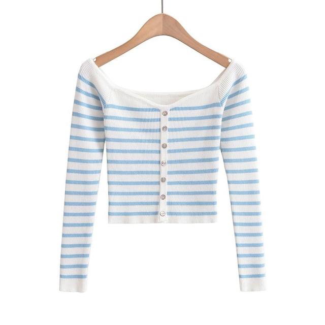 Long-Sleeve Boat Neck Striped Button Crop Knit Top Product Image