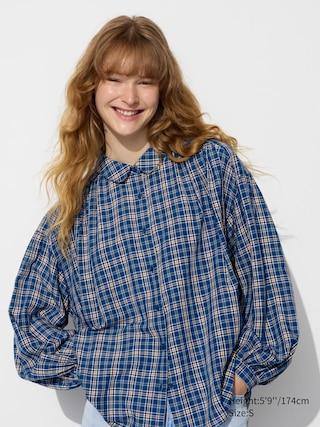 Womens Soft Lawn Gathered Blouse Checked Blue 2XL UNIQLO US Product Image