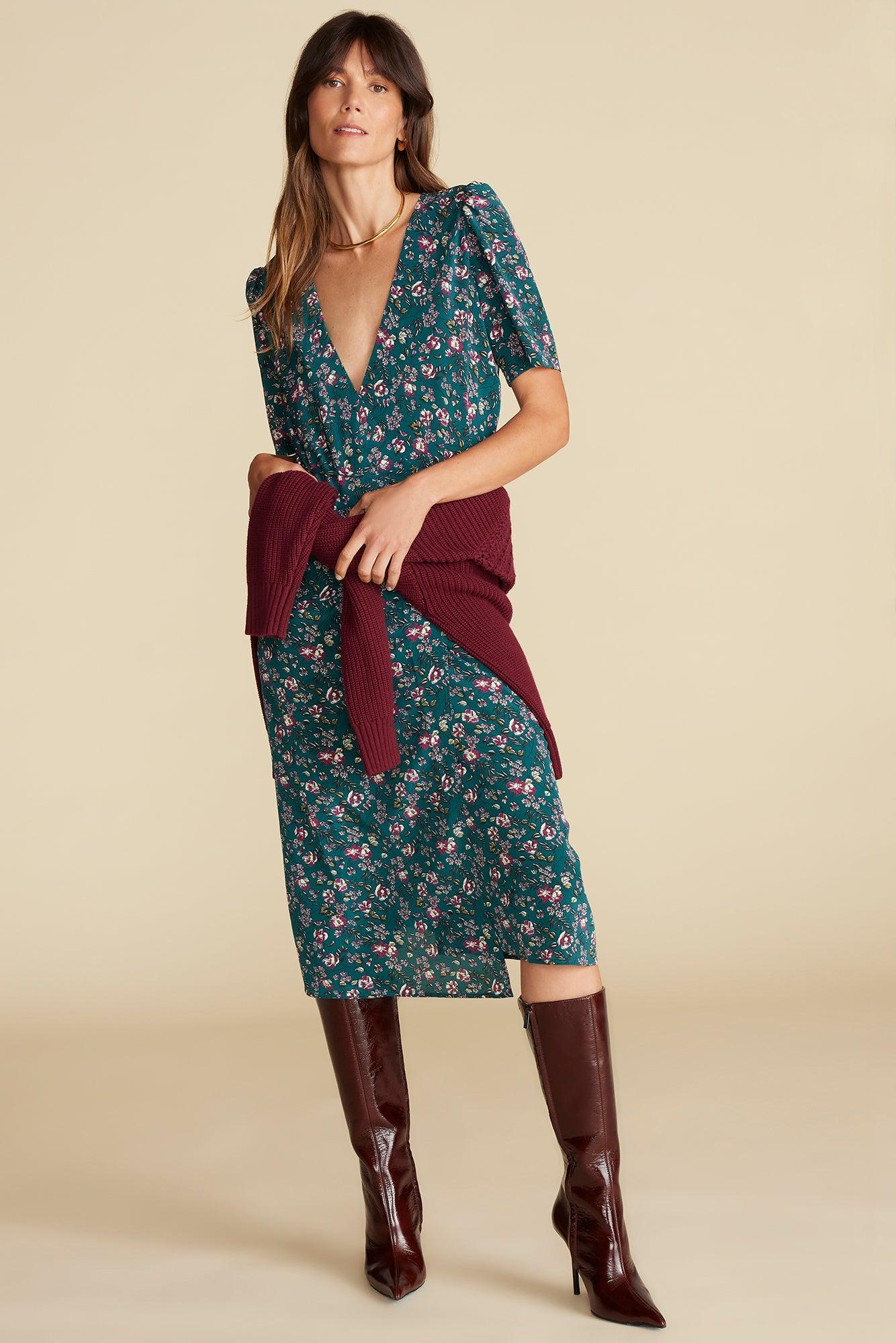 Nicolette Washable Silk Dress - Chloe Green Floral Print Product Image