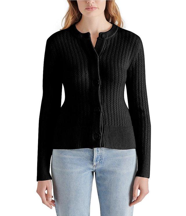 Steve Madden Illiana Knit Pointelle Crew Neck Long Sleeve Button Front Sweater Product Image