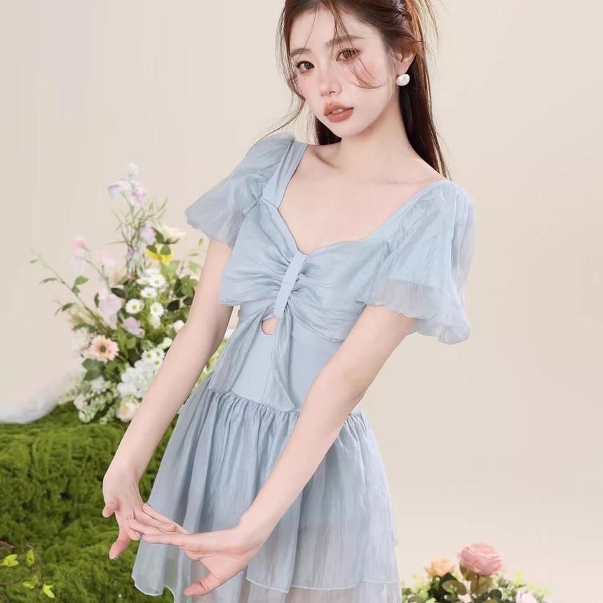 Puff Sleeve Sweetheart Neck Plain Bow Swimdress Product Image