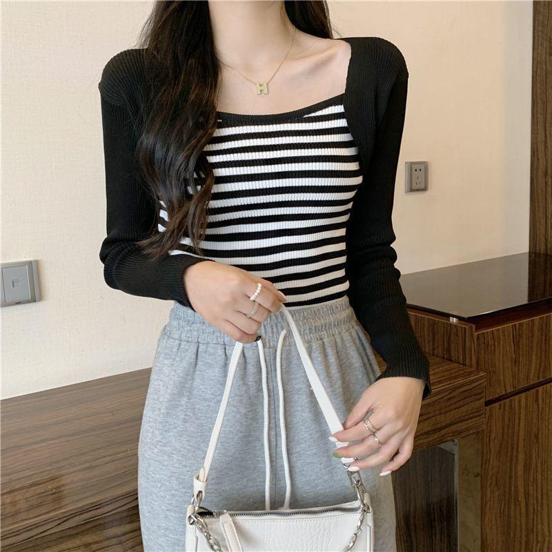 Square Neck Striped Panel Cropped Sweater Product Image