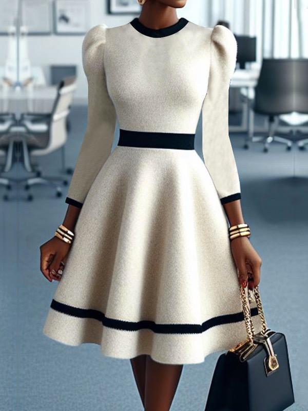 Long Sleeves Puff Sleeves Striped Round-Neck Midi Dresses Product Image