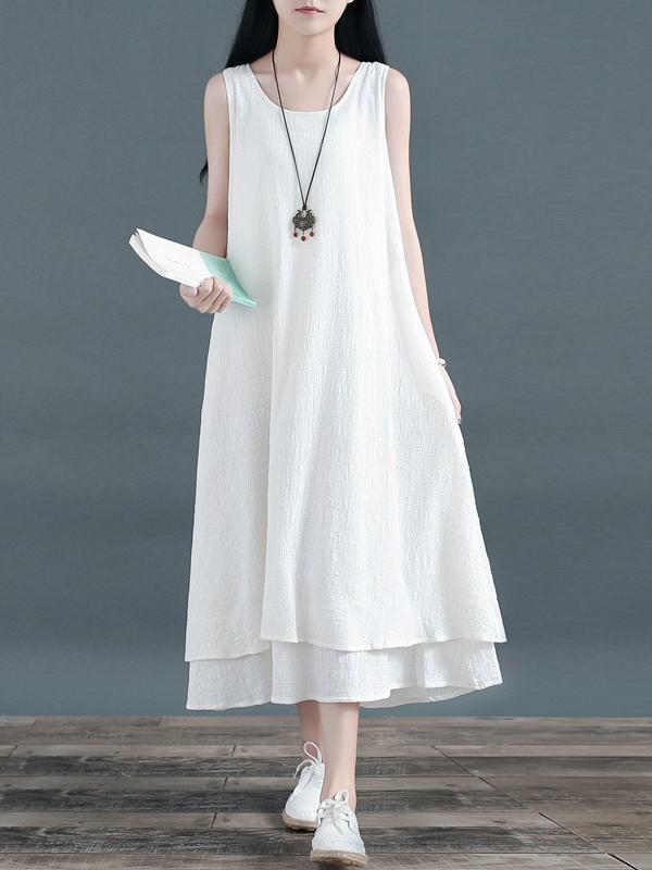 A-Line Loose Double Layered Solid Color Tied Waist Round-Neck Midi Dresses Product Image