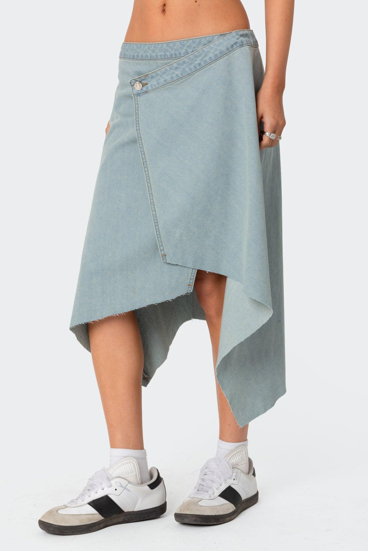 Asymmetric Wrapped Denim Midi Skirt Product Image