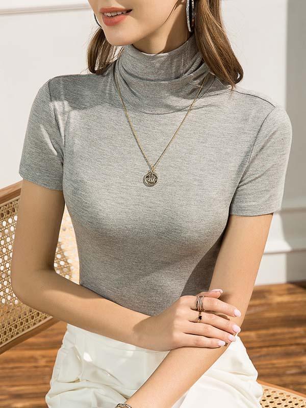 Casual Skinny Short Sleeves Solid Color High-Neck T-Shirts Tops Product Image