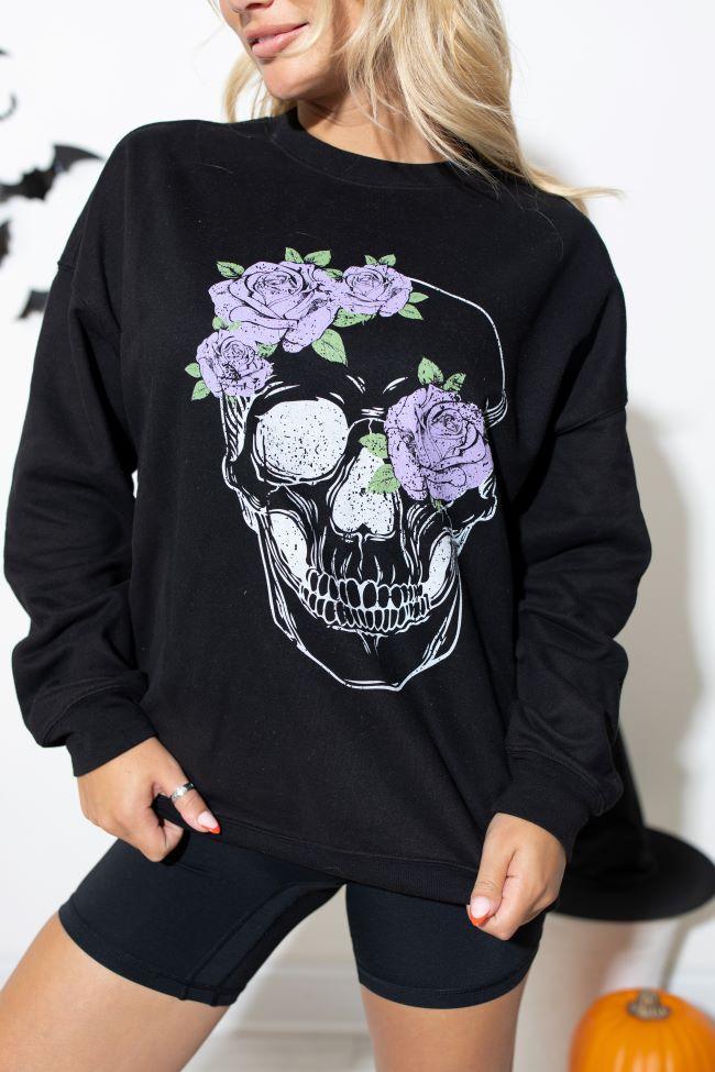 Floral Skull Black Oversized Graphic Sweatshirt Product Image