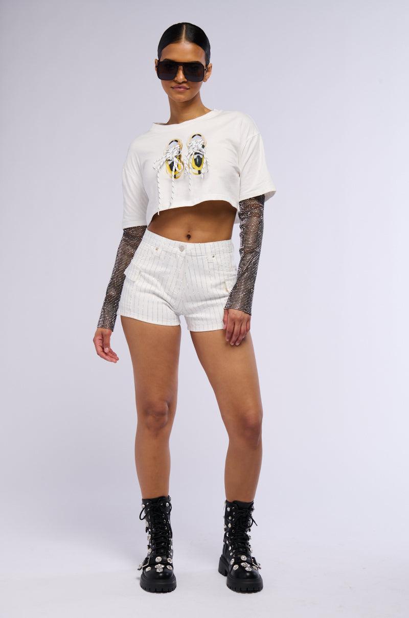 BRITTNI RHINESTONE CARGO DENIM SHORT IN WHITE Product Image