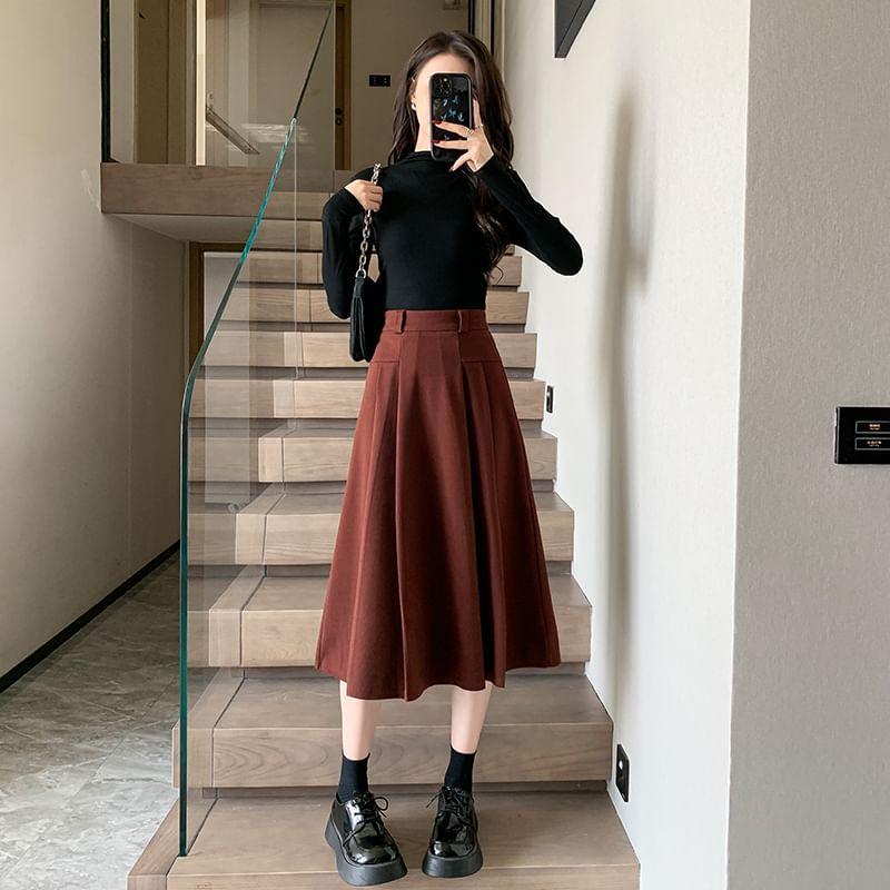 High Waist Plain Midi A-Line Skirt Product Image