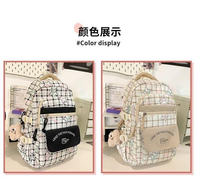 Plaid Cartoon Print Nylon Backpack / Bag Charm / Set Product Image