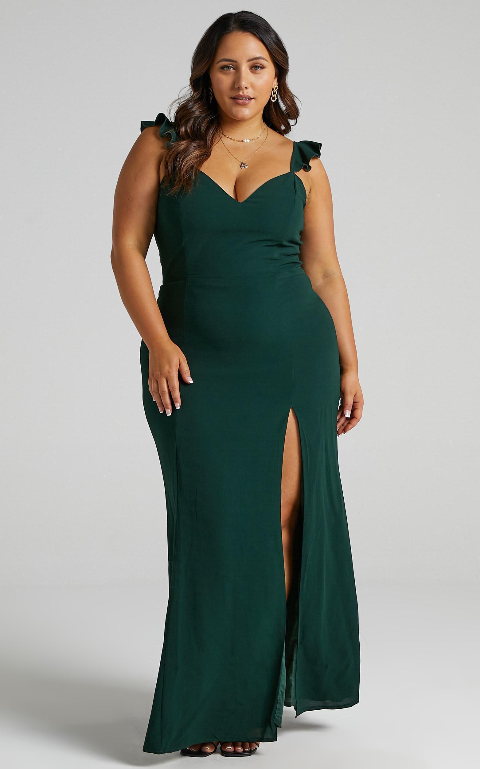 More Than This Midi Dress - Ruffle Strap Thigh Split Dress in Emerald Product Image