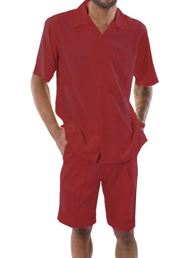 Red 2 Piece Short Sleeve Walking Suit Set with Elastic Waistband Shorts Product Image