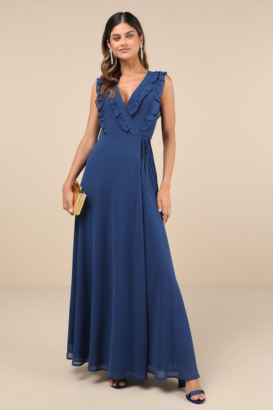 Major Elegance Blue Sleeveless Ruffled Wrap Maxi Dress product image